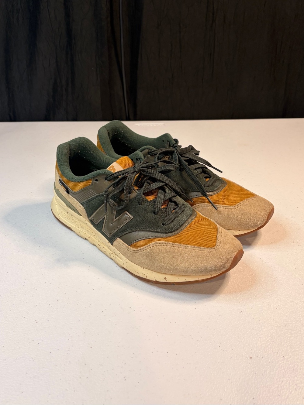 New Balance 574 Green Mustard Suede Sneakers Men's Size 10.5
